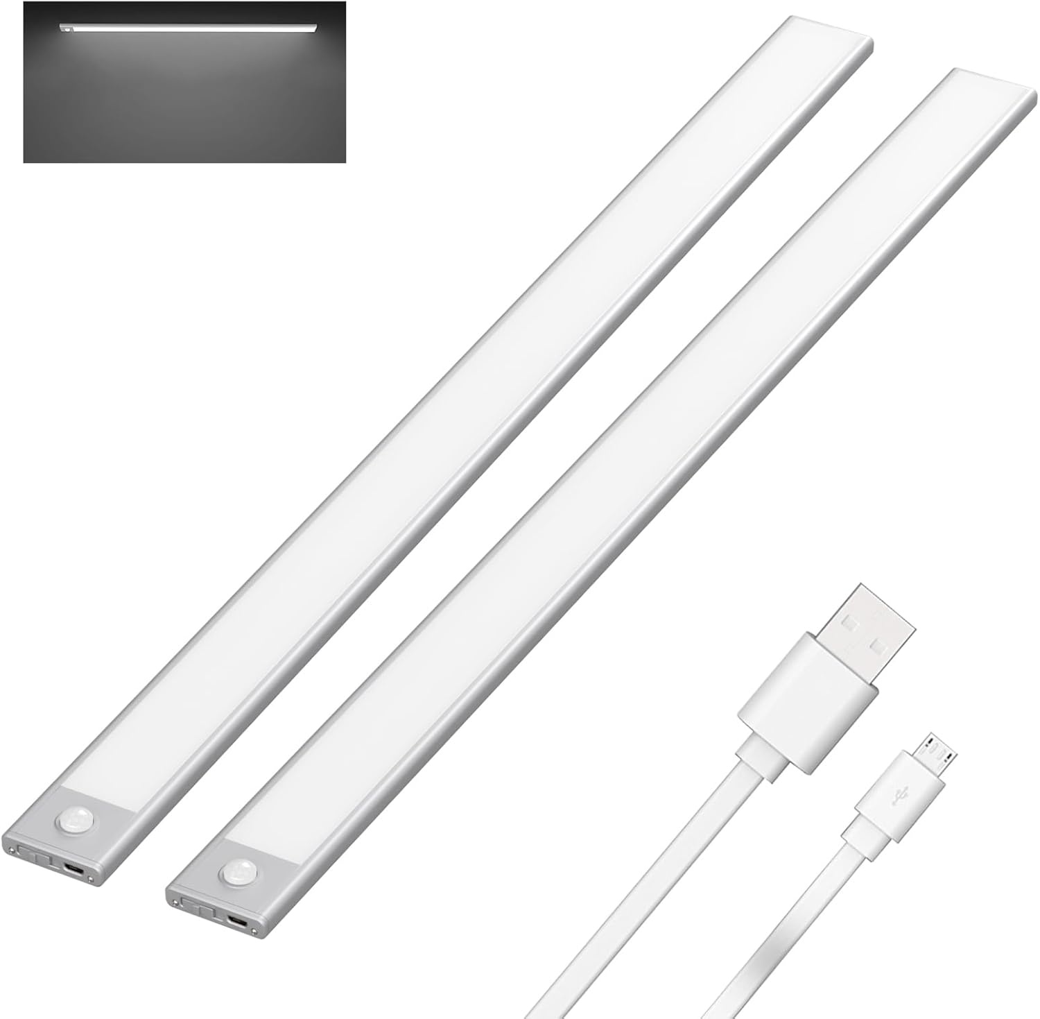 Klighten 2 stuks kastlampen met bewegingsmelder, 60 cm led-nachtlampje met 113 leds, USB-oplaadbaar, batterij-keukenlamp, kastverlichting, onderbouwlamp, auto/on/off, koud wit, zilver