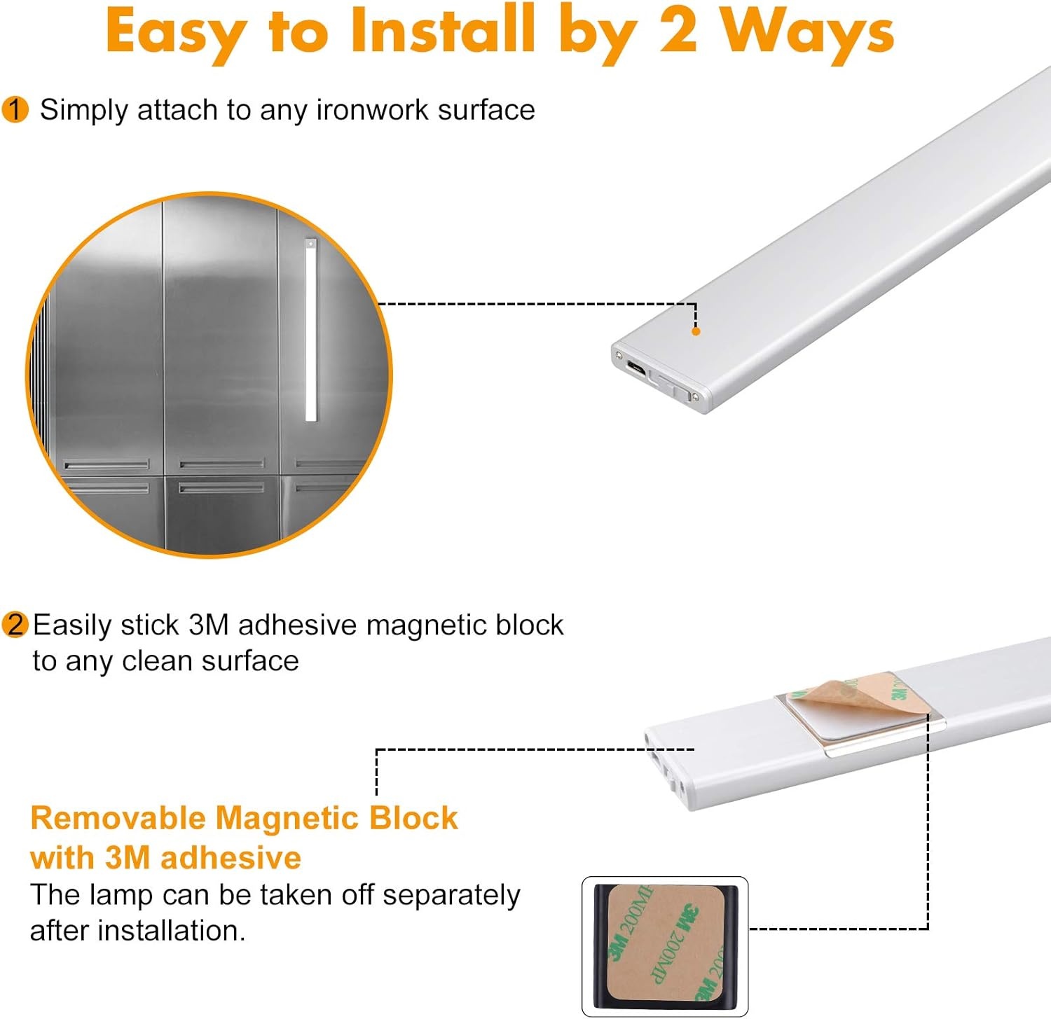 Klighten 2 stuks kastlampen met bewegingsmelder, 60 cm led-nachtlampje met 113 leds, USB-oplaadbaar, batterij-keukenlamp, kastverlichting, onderbouwlamp, auto/on/off, koud wit, zilver