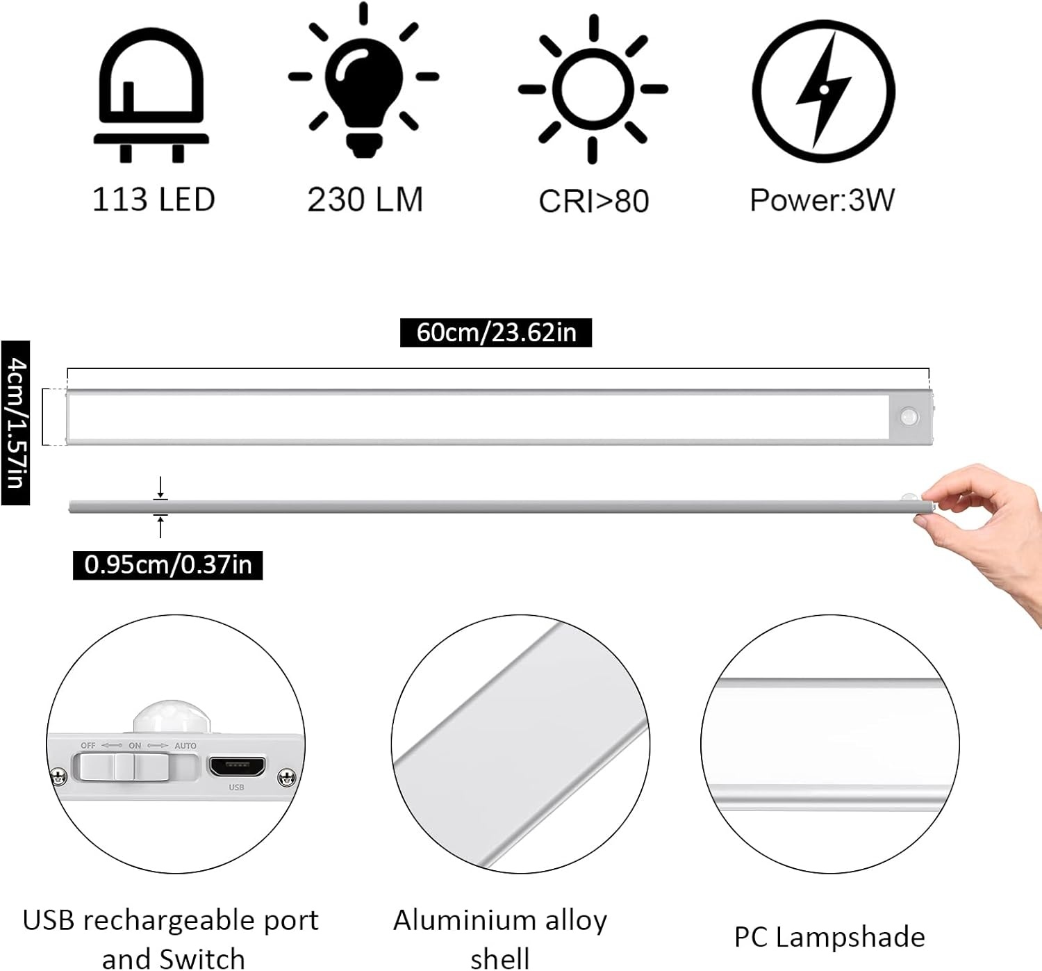 Klighten 2 stuks kastlampen met bewegingsmelder, 60 cm led-nachtlampje met 113 leds, USB-oplaadbaar, batterij-keukenlamp, kastverlichting, onderbouwlamp, auto/on/off, koud wit, zilver