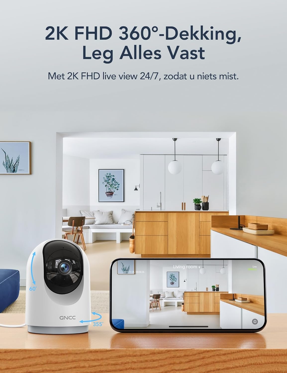 GNCC 2K Beveiligingscamera Binnen - 360° Nachtzicht & Bewegingsdetectie (27% Korting)