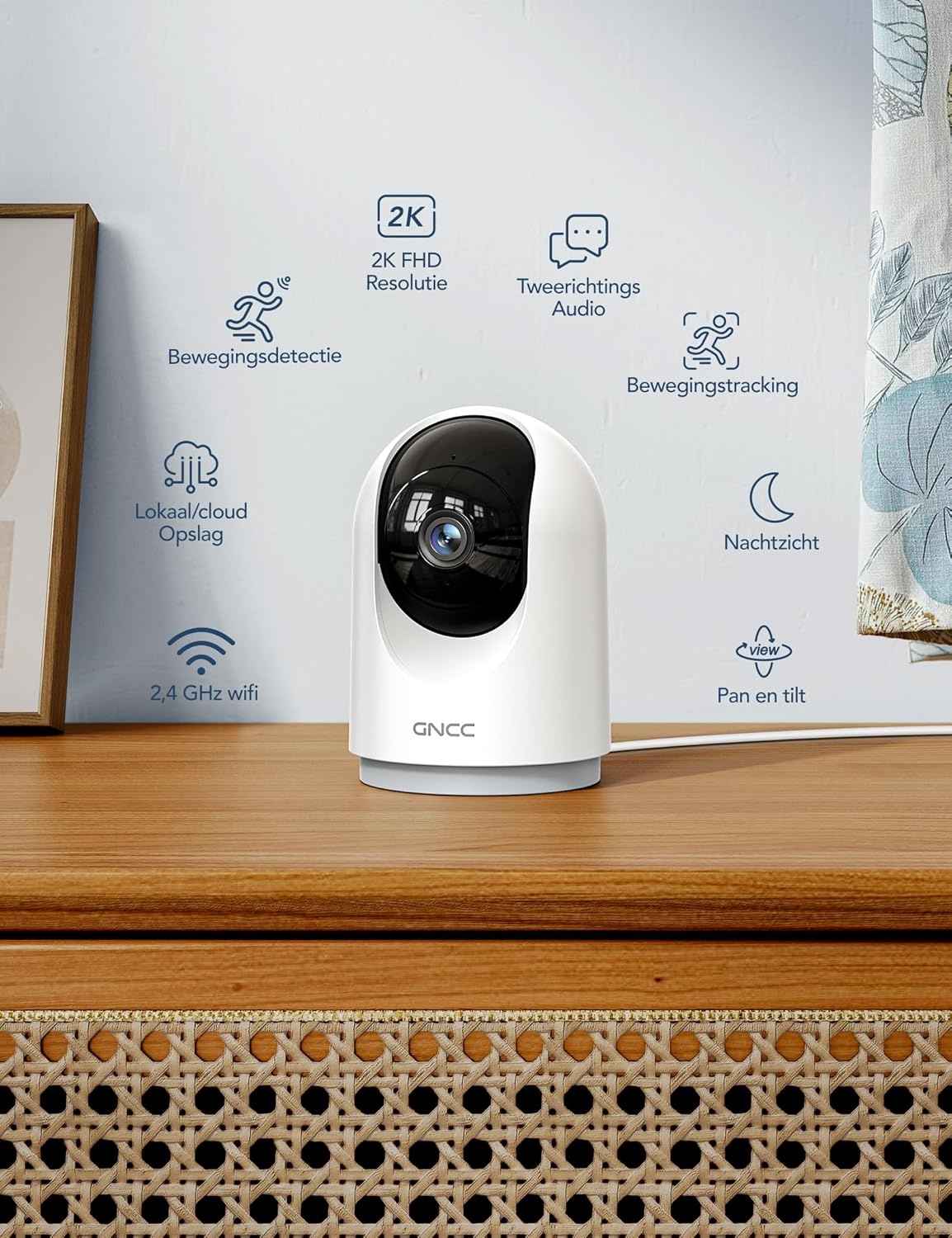 GNCC 2K 3MP Camera Beveiliging WiFi voor Binnen, 360°, IR-Nachtzicht, Twee-weg Audio, Bewegingsdetectie, APP-meldingen, Geschikt voor Baby's/Huisdieren/Familie, Compatibel met Alexa(Alleen 2,4 GHz)