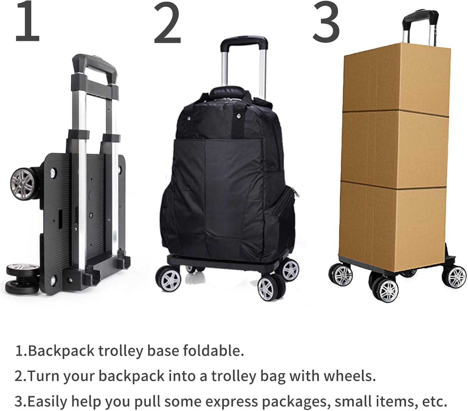 Zwarte Opvouwbare Trolley voor Rugzak met Bagageband - 35 kg draagvermogen