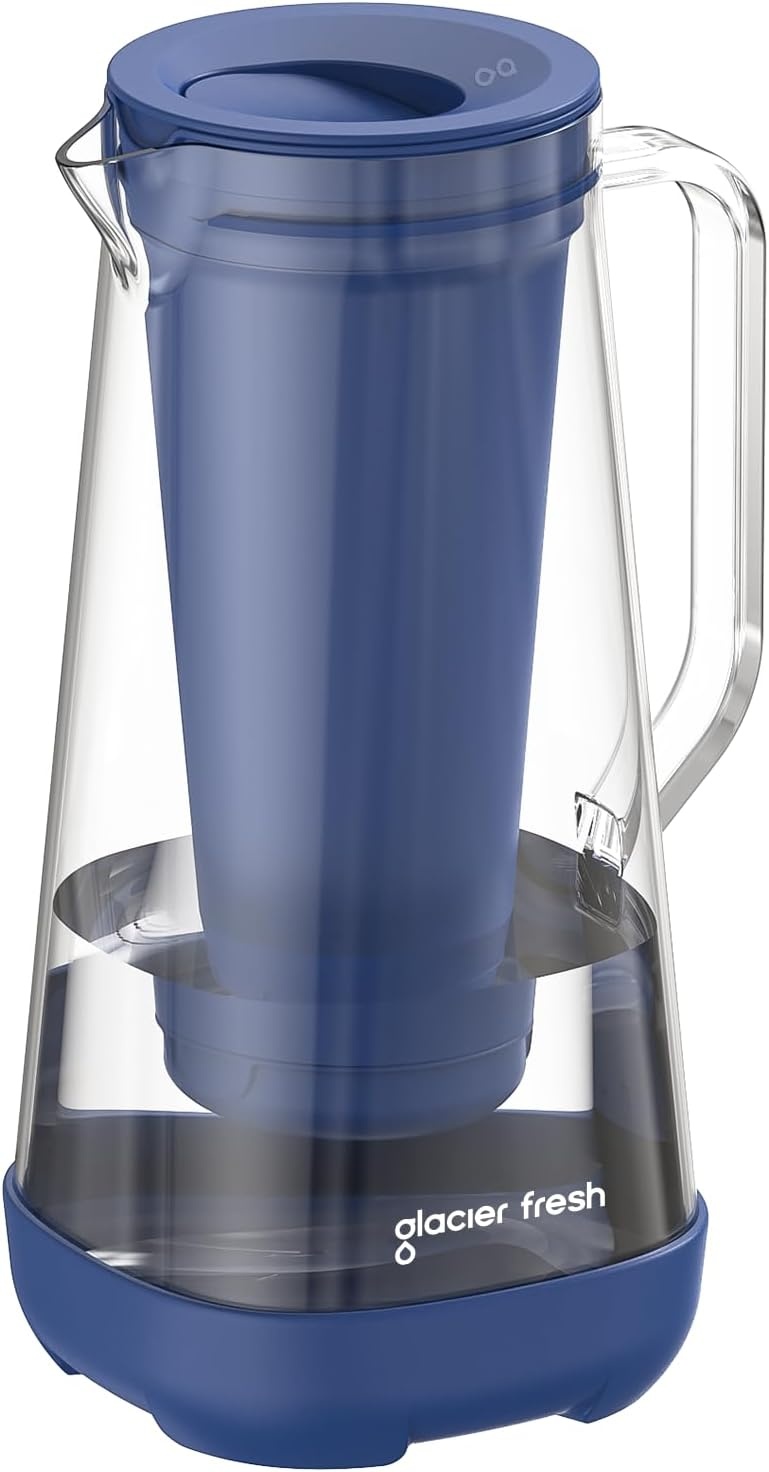 GLACIER FRESH Glazen waterfilterkan, 3 liter, 1 x actieve kool + 1 x ultrafiltratiefilter, vermindert chloor, fluoride, kalkaanslag, zware metalen zoals lood, koper, blauw