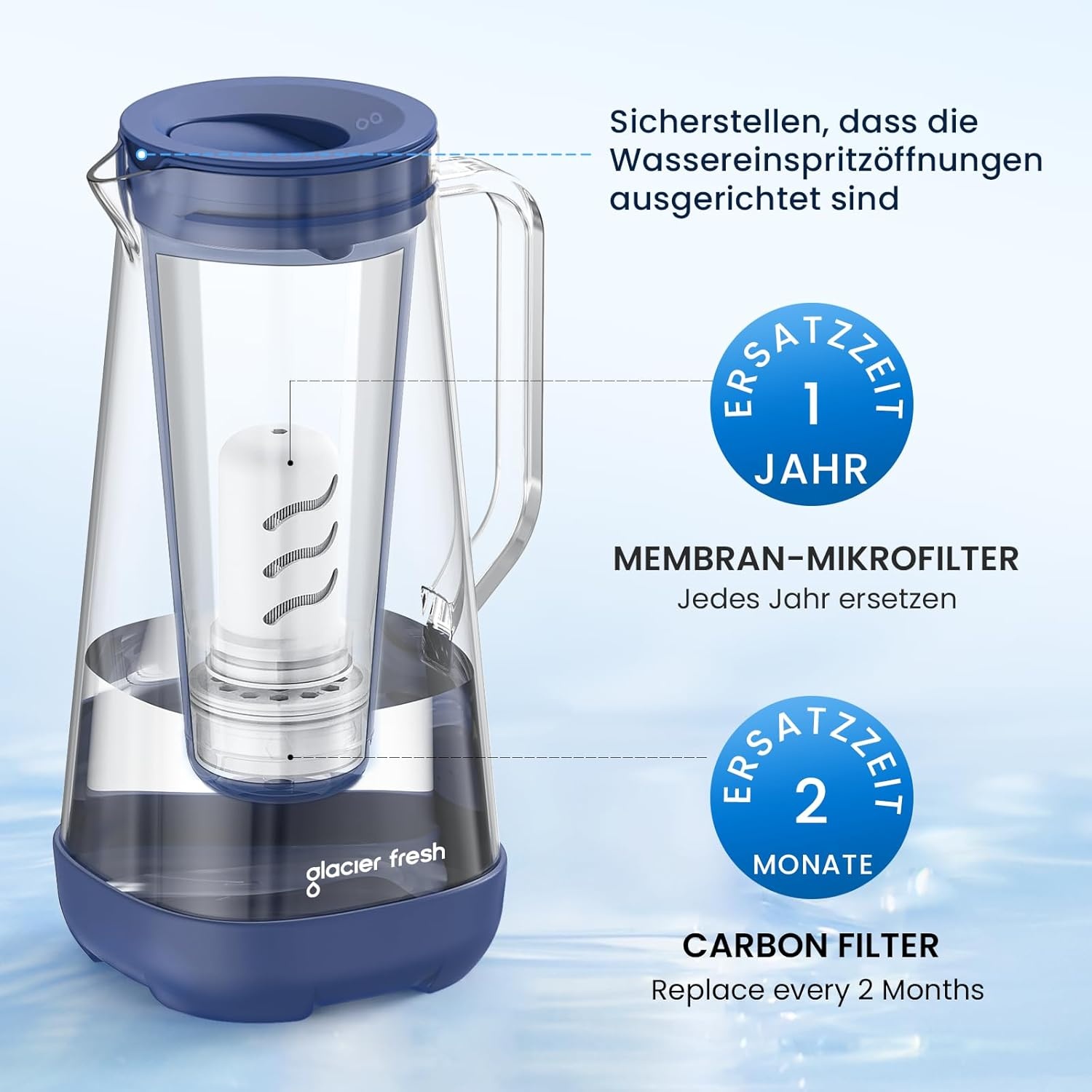 GLACIER FRESH Glazen waterfilterkan, 3 liter, 1 x actieve kool + 1 x ultrafiltratiefilter, vermindert chloor, fluoride, kalkaanslag, zware metalen zoals lood, koper, blauw