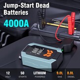 Starthulp Powerbank met compressor, 150PSI 4000A auto starthulp voor 9,0 L benzine en 8,0 L diesel, 12V voertuigstarter powerbank met LCD-scherm, LED-zaklamp, bandenspanningsmeter