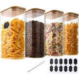 YBCPACK 4-delige set voorraadpotten met deksel 1600ml, luchtdichte voorraadpotten van borosilicaatglas, hoekige bewaarpotten met bamboedeksel keuken voor spaghetti, bonen, cornflakes