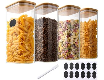 YBCPACK 4-delige set voorraadpotten met deksel 1600ml, luchtdichte voorraadpotten van borosilicaatglas, hoekige bewaarpotten met bamboedeksel keuken voor spaghetti, bonen, cornflakes