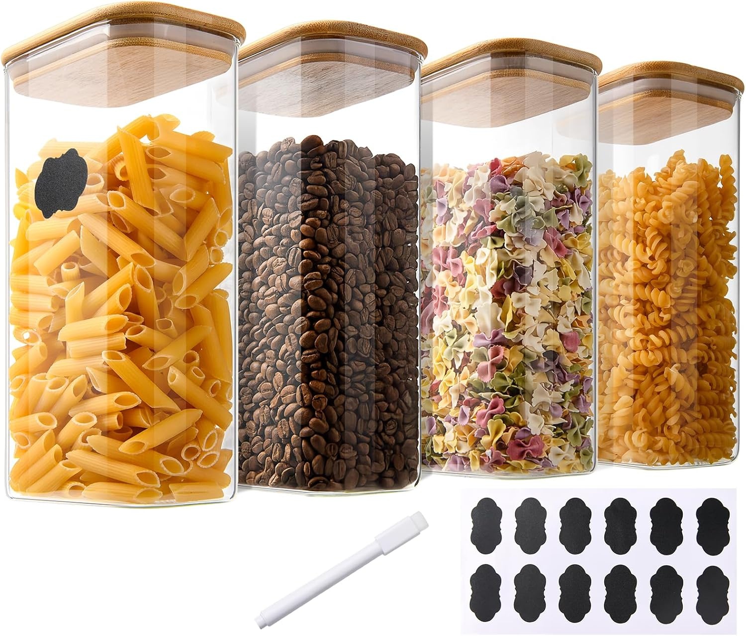 YBCPACK 4-delige set voorraadpotten met deksel 1600ml, luchtdichte voorraadpotten van borosilicaatglas, hoekige bewaarpotten met bamboedeksel keuken voor spaghetti, bonen, cornflakes