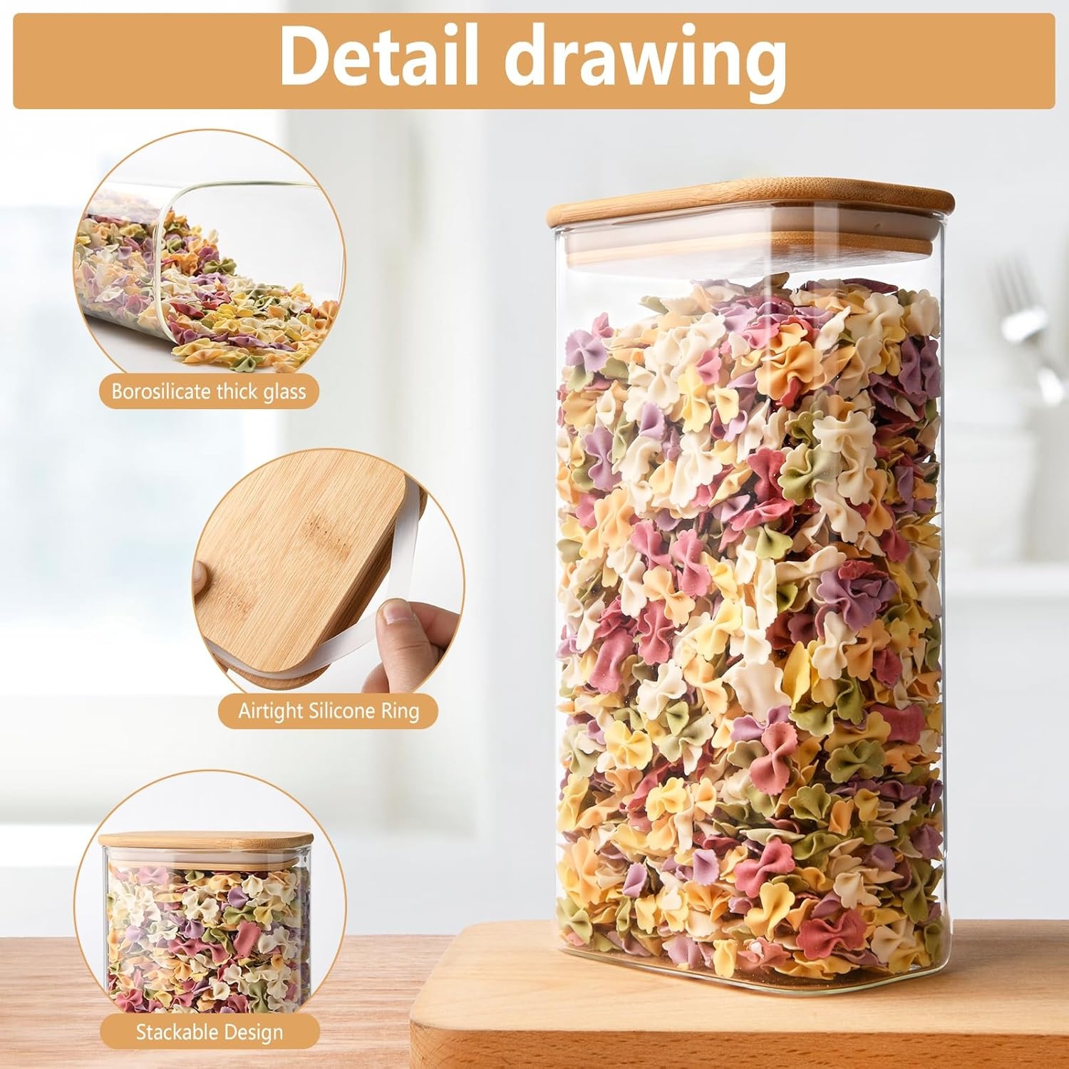 YBCPACK 4-delige set voorraadpotten met deksel 1600ml, luchtdichte voorraadpotten van borosilicaatglas, hoekige bewaarpotten met bamboedeksel keuken voor spaghetti, bonen, cornflakes