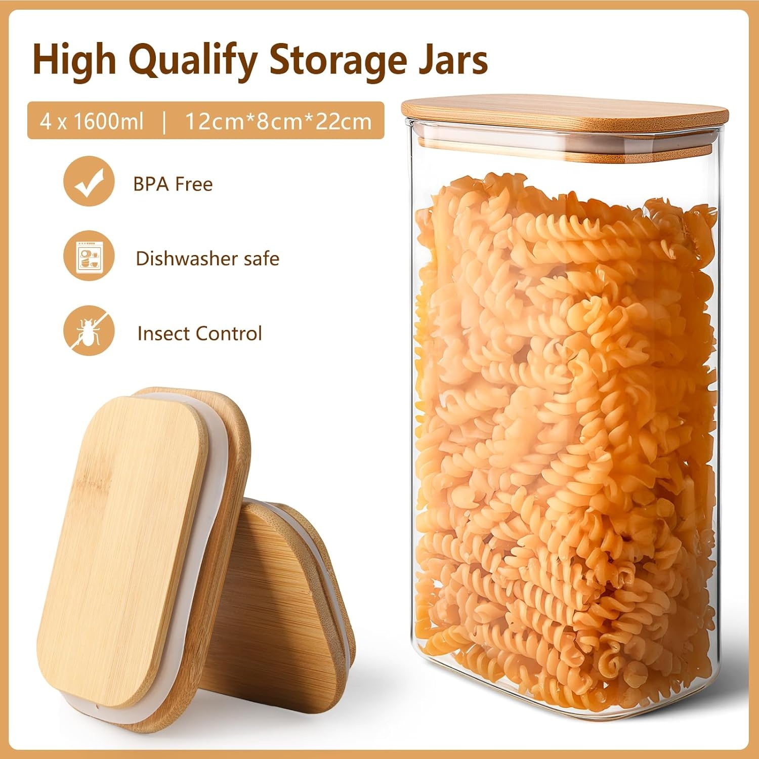 YBCPACK 4-delige set voorraadpotten met deksel 1600ml, luchtdichte voorraadpotten van borosilicaatglas, hoekige bewaarpotten met bamboedeksel keuken voor spaghetti, bonen, cornflakes