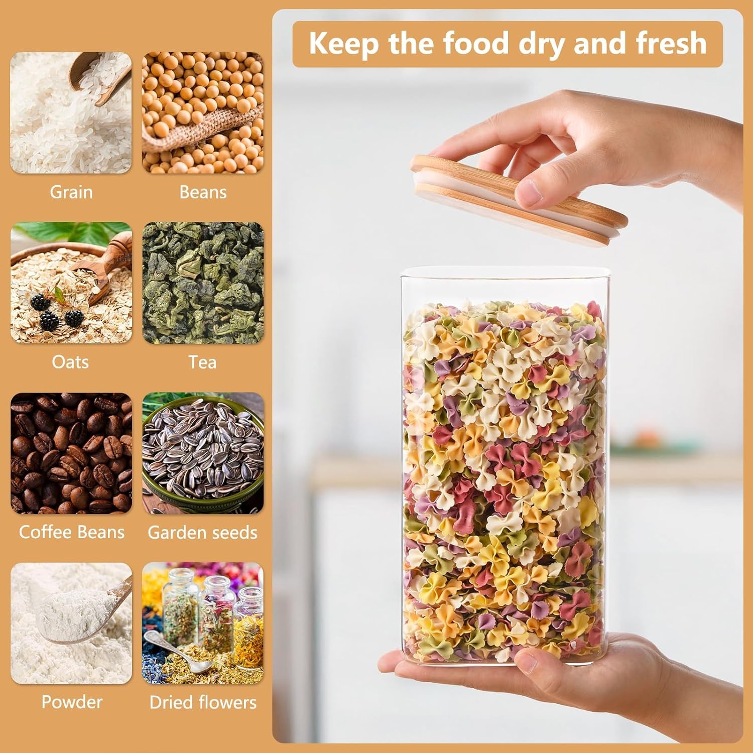YBCPACK 4-delige set voorraadpotten met deksel 1600ml, luchtdichte voorraadpotten van borosilicaatglas, hoekige bewaarpotten met bamboedeksel keuken voor spaghetti, bonen, cornflakes