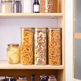 YBCPACK 4-delige set voorraadpotten met deksel 1600ml, luchtdichte voorraadpotten van borosilicaatglas, hoekige bewaarpotten met bamboedeksel keuken voor spaghetti, bonen, cornflakes