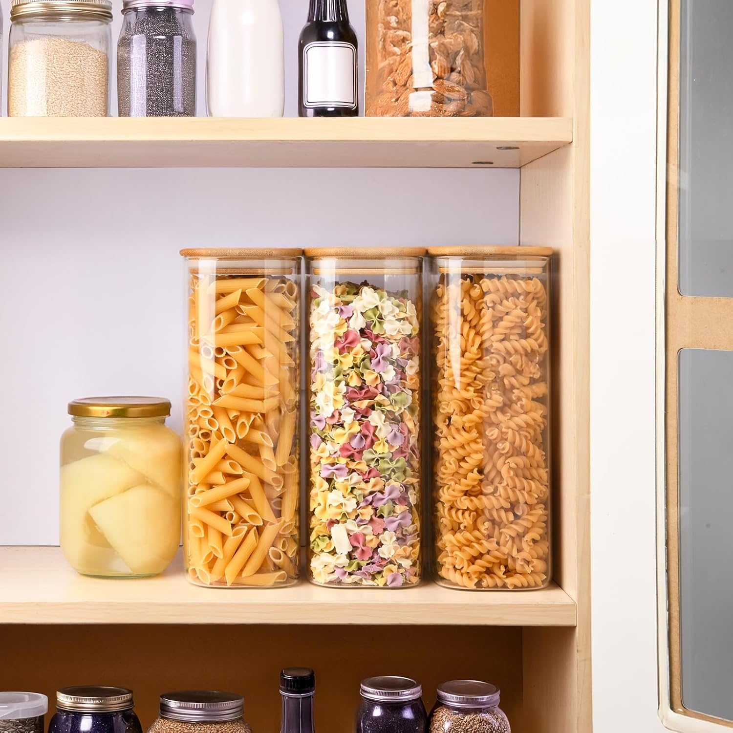YBCPACK 4-delige set voorraadpotten met deksel 1600ml, luchtdichte voorraadpotten van borosilicaatglas, hoekige bewaarpotten met bamboedeksel keuken voor spaghetti, bonen, cornflakes
