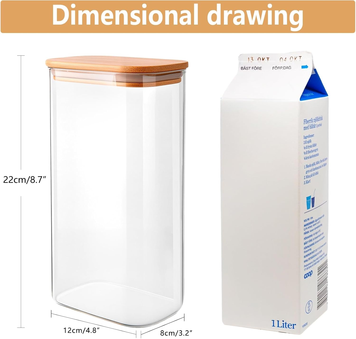 YBCPACK 4-delige set voorraadpotten met deksel 1600ml, luchtdichte voorraadpotten van borosilicaatglas, hoekige bewaarpotten met bamboedeksel keuken voor spaghetti, bonen, cornflakes