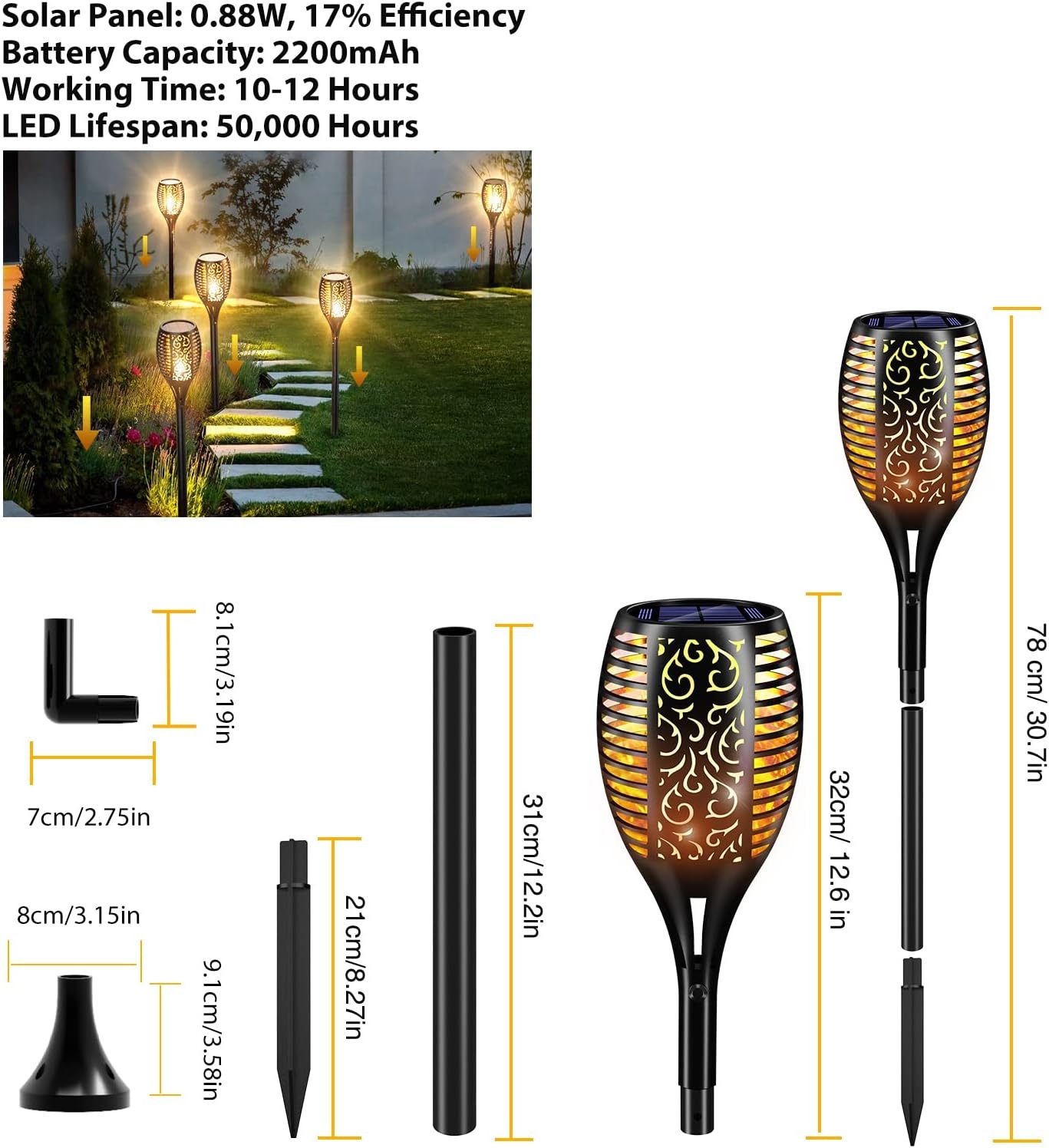 Zonnelampen voor buiten, 96 leds, zonnelampen voor buiten, tuin, waterdicht, IP65, zonnelampen voor buiten, met realistische vlammen, zonnelamp voor buiten, voor tuin (4 stuks)