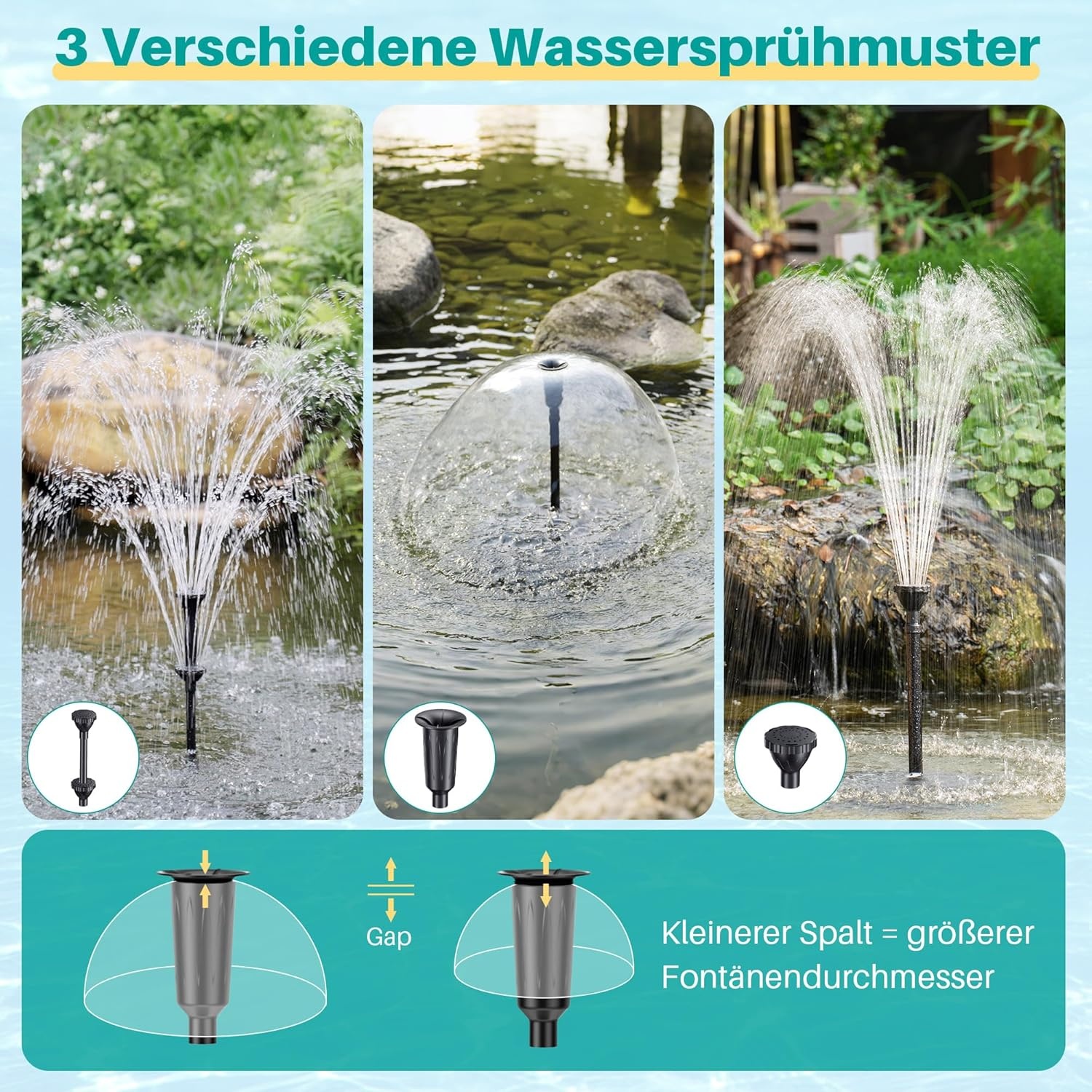 Waterpomp voor vijvers 40W, 2500 L/U met 3 sproeikoppen en regelklep tot 4000L