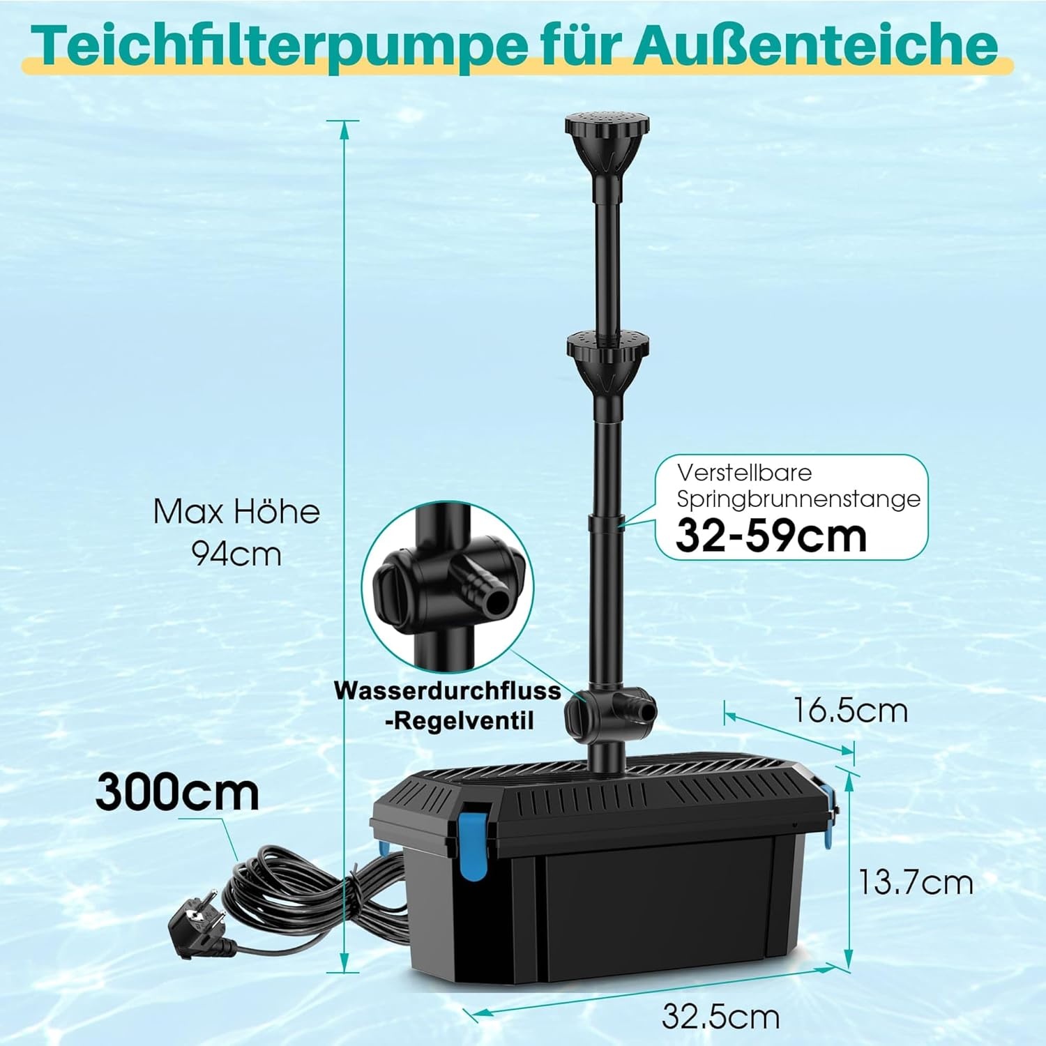 Waterpomp voor vijvers 40W, 2500 L/U met 3 sproeikoppen en regelklep tot 4000L