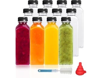 YBCPACK 12 stuks kunststof sapflessen van 500 ml om te vullen, herbruikbare lege smoothiefles inclusief reinigingsborstel en siliconen trechter, ideaal voor mini-koelkast en sapshots