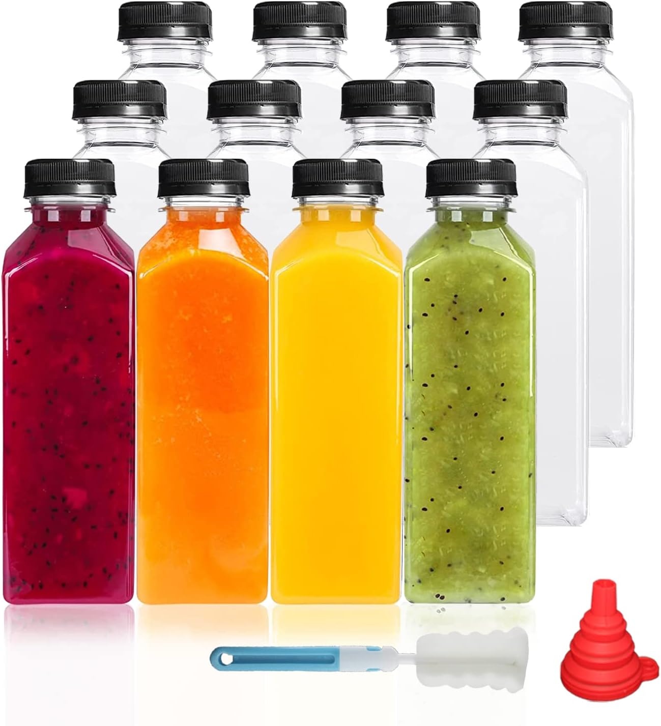 YBCPACK 12 stuks kunststof sapflessen van 500 ml om te vullen, herbruikbare lege smoothiefles inclusief reinigingsborstel en siliconen trechter, ideaal voor mini-koelkast en sapshots