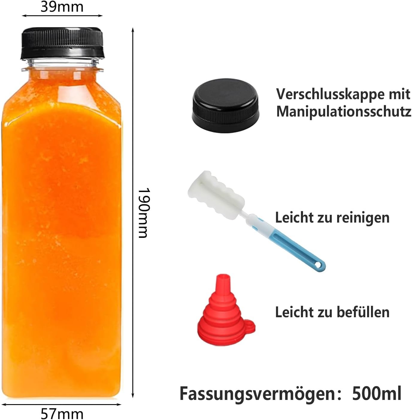 YBCPACK 12 stuks kunststof sapflessen van 500 ml om te vullen, herbruikbare lege smoothiefles inclusief reinigingsborstel en siliconen trechter, ideaal voor mini-koelkast en sapshots