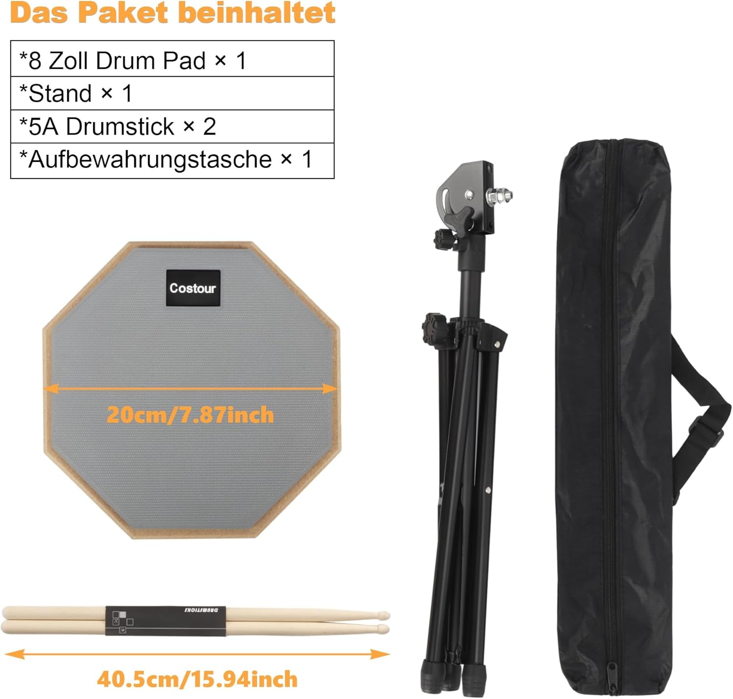 8 inch Drum Oefenpad met Verstelbare Standaard, Stokken en Opbergtas