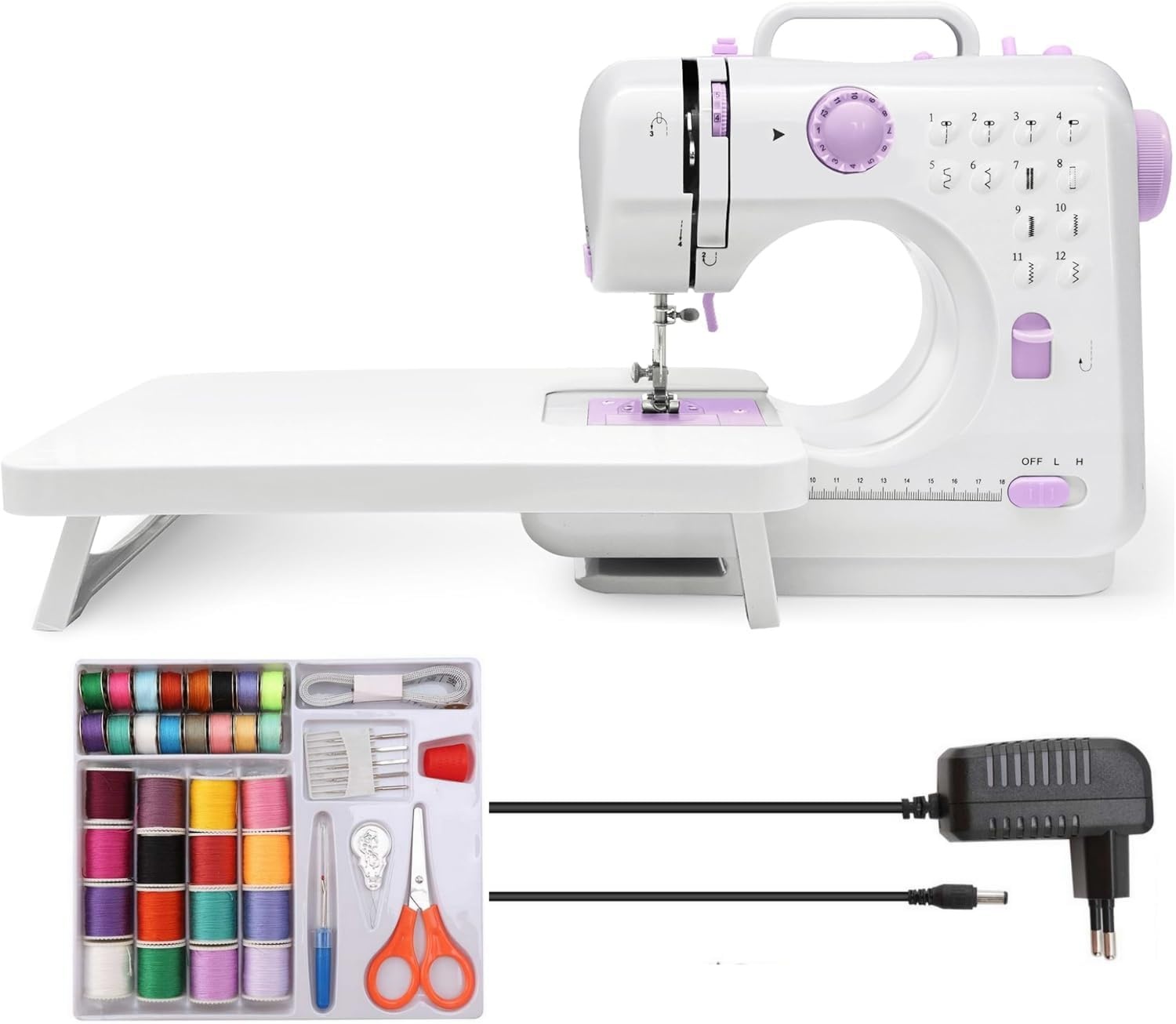 Naaimachine met aanschuiftafel, mini-naaimachine, draagbare elektrische naaimachine, 12 steken, naaimachine met ledlicht, ideaal voor kleding, kussenslopen, lakens