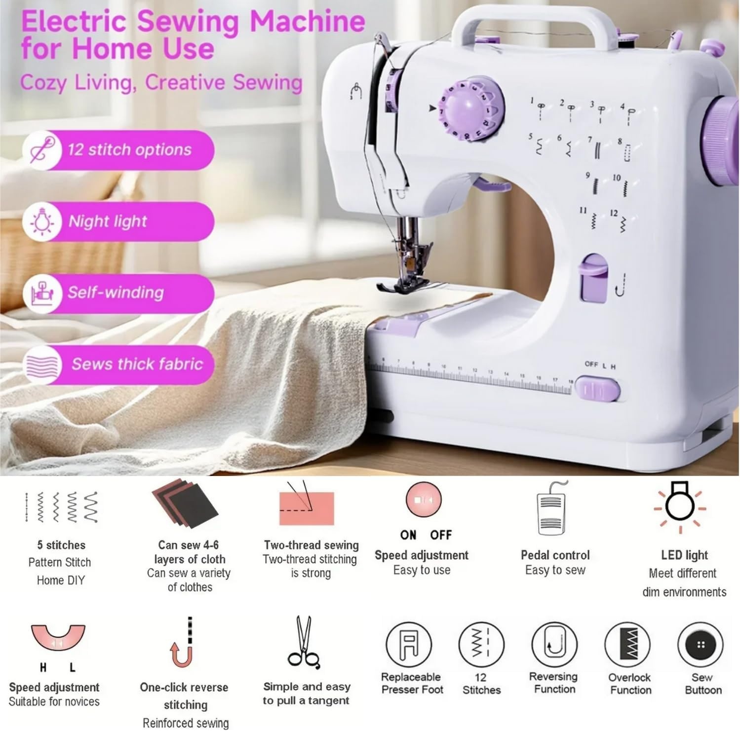 Naaimachine met aanschuiftafel, mini-naaimachine, draagbare elektrische naaimachine, 12 steken, naaimachine met ledlicht, ideaal voor kleding, kussenslopen, lakens