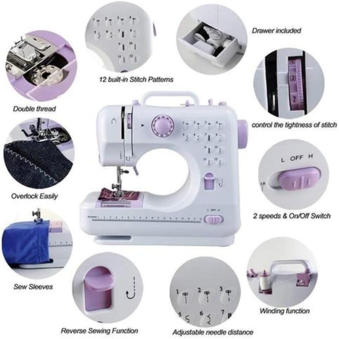 Naaimachine met aanschuiftafel, mini-naaimachine, draagbare elektrische naaimachine, 12 steken, naaimachine met ledlicht, ideaal voor kleding, kussenslopen, lakens