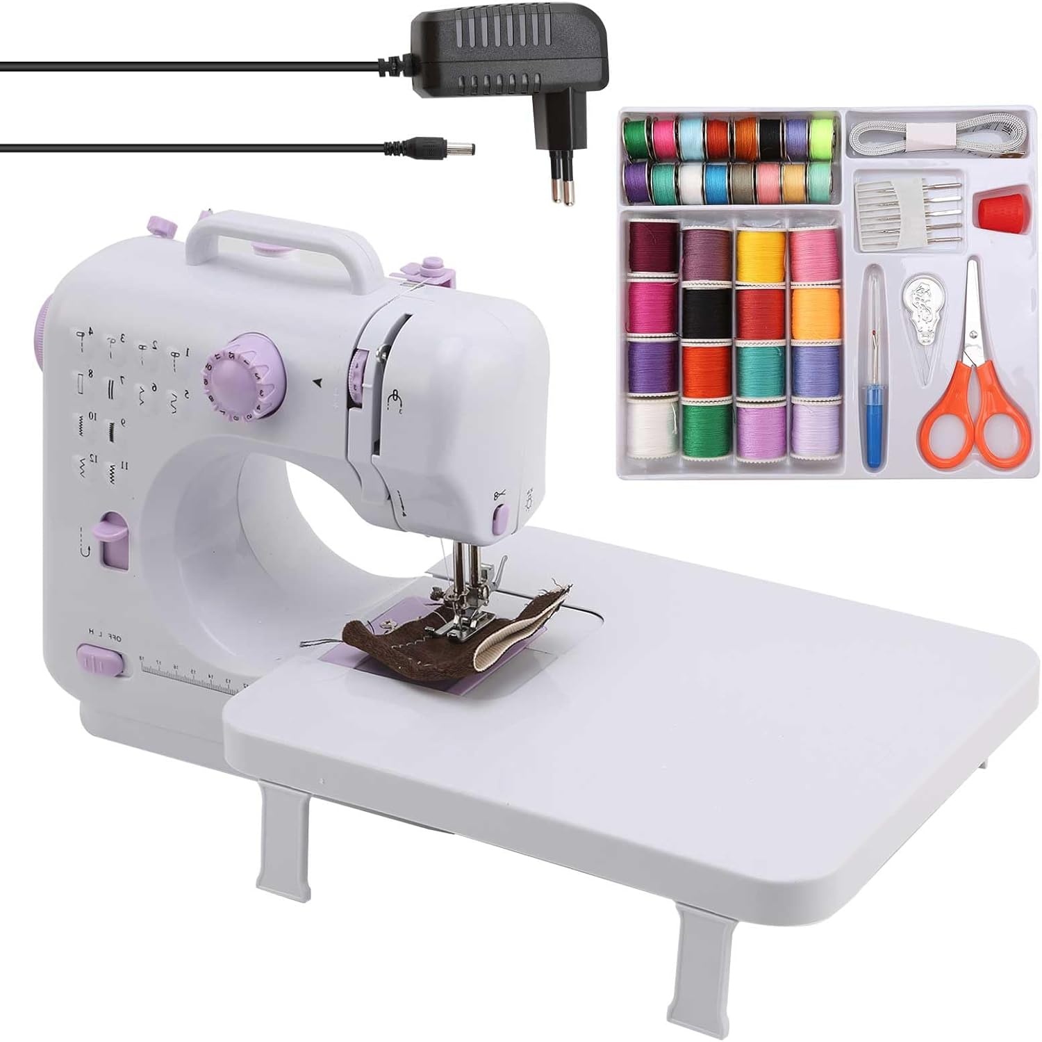 Naaimachine met aanschuiftafel, mini-naaimachine, draagbare elektrische naaimachine, 12 steken, naaimachine met ledlicht, ideaal voor kleding, kussenslopen, lakens