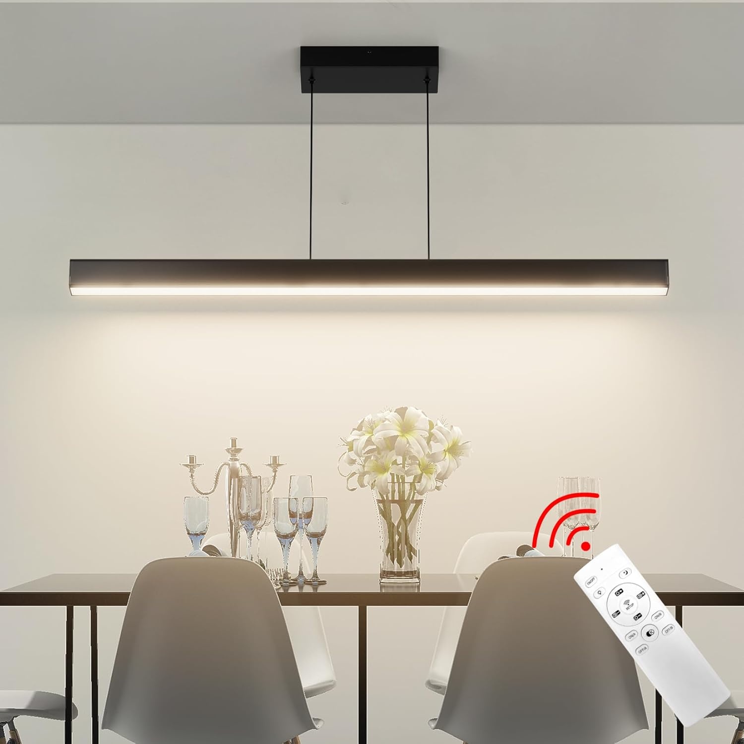 Moderne plafondhanglamp met afstandsbediening, lineaire kroonluchter eetkamer armatuur voor keuken, woonkamer, eetkamer (40 inch)