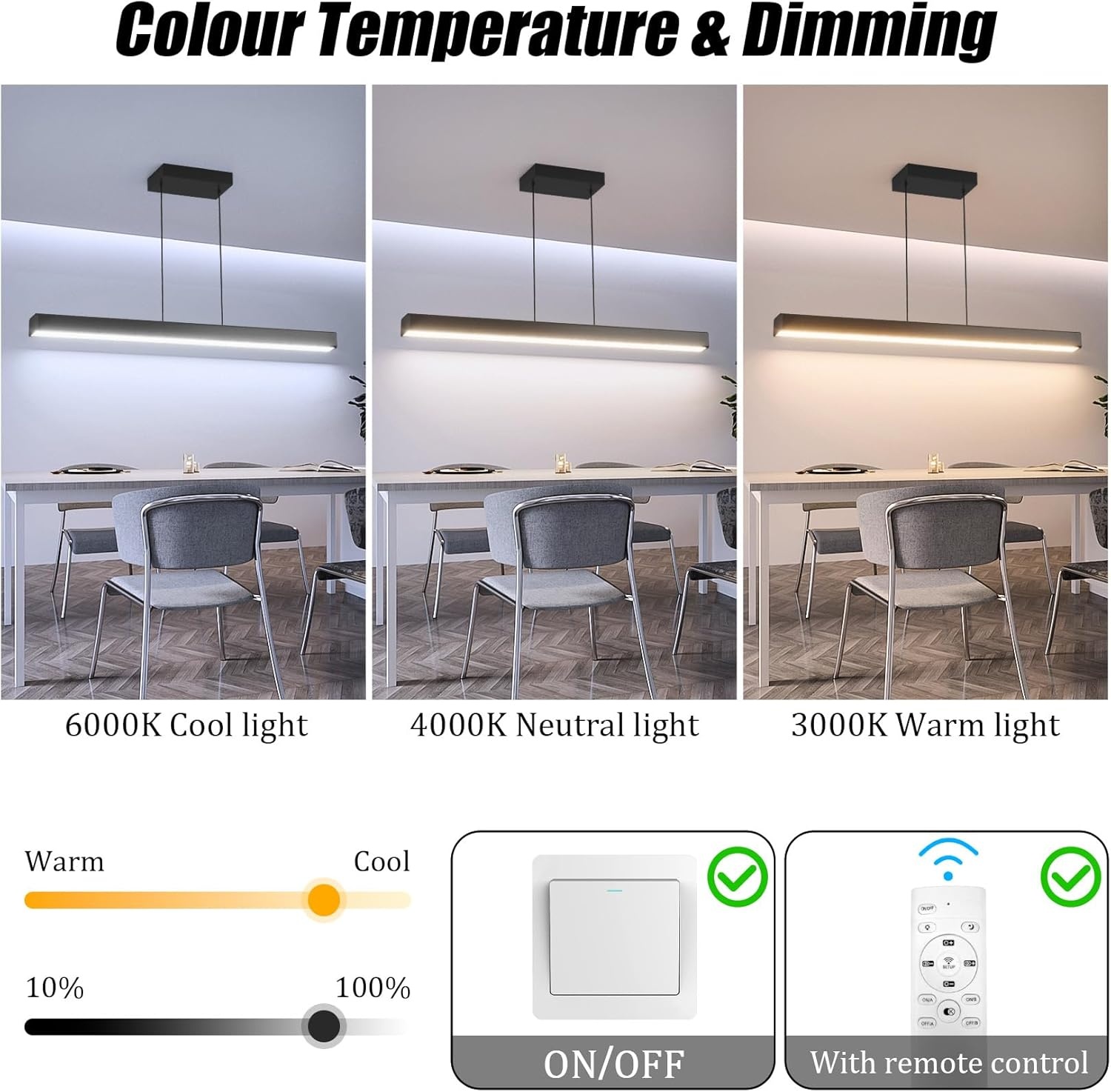 Moderne plafondhanglamp met afstandsbediening, lineaire kroonluchter eetkamer armatuur voor keuken, woonkamer, eetkamer (40 inch)