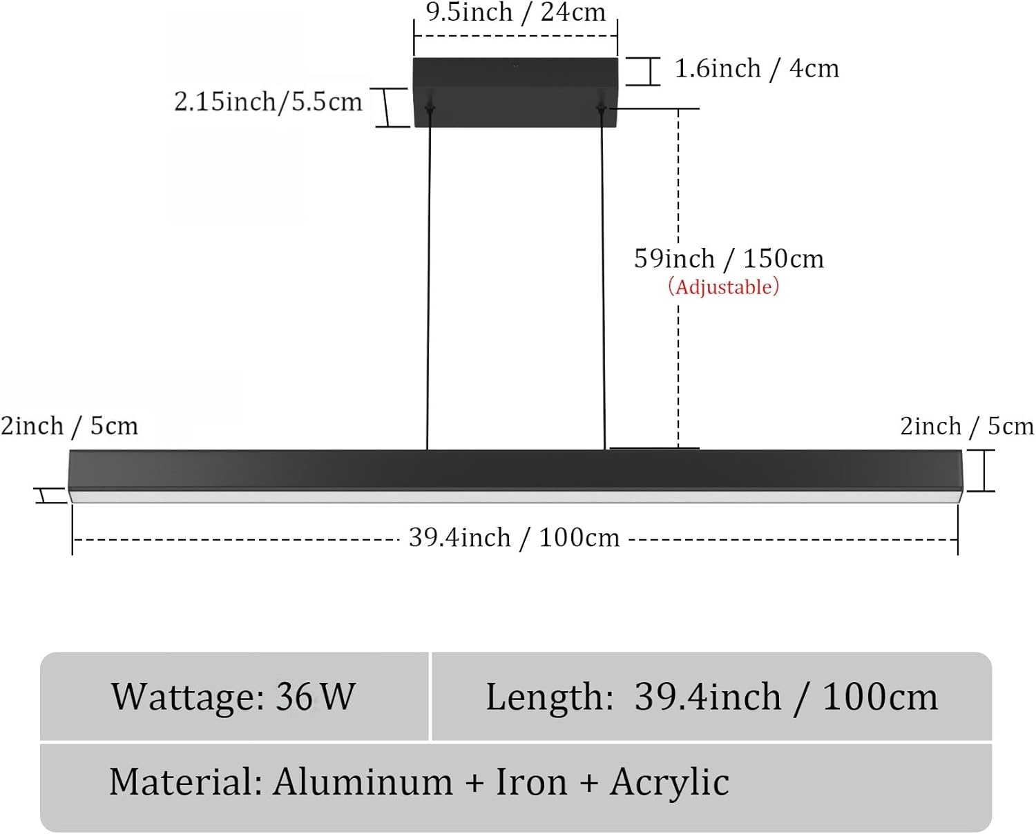 Moderne plafondhanglamp met afstandsbediening, lineaire kroonluchter eetkamer armatuur voor keuken, woonkamer, eetkamer (40 inch)
