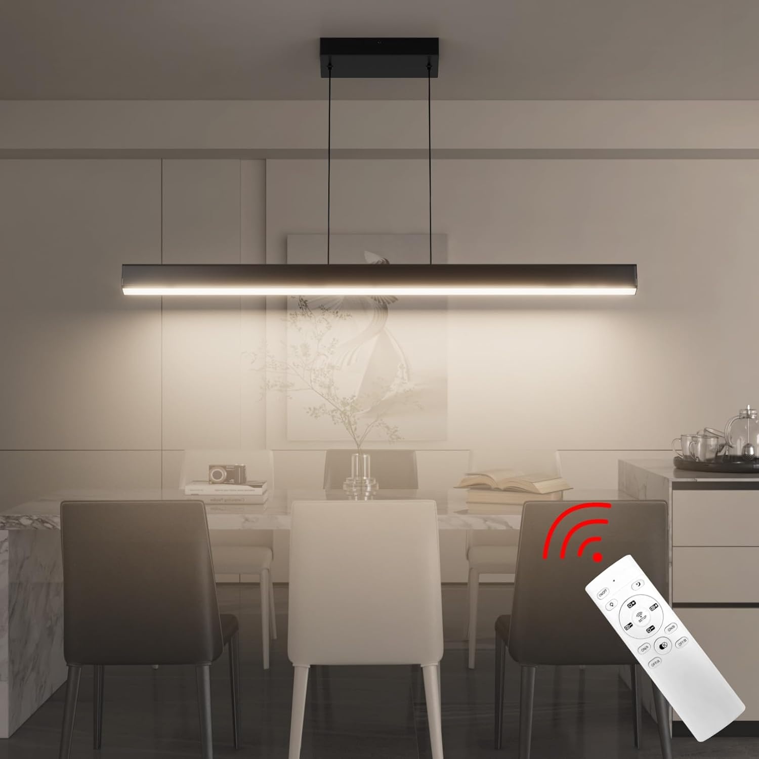 Moderne plafondhanglamp met afstandsbediening, lineaire kroonluchter eetkamer armatuur voor keuken, woonkamer, eetkamer (40 inch)