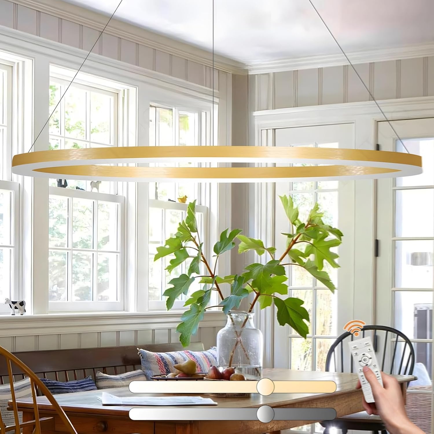 Moderne DIY Cirkel LED-Kroonluchter | 1 Goud Ringen:100cm=45W | Metaal + Acryl LED-Hanglamp | 2.4G Dimbare Afstandsbediening | Ronde Plafondhanglamp Woonkamer Slaapkamer Eetkamer Keuken