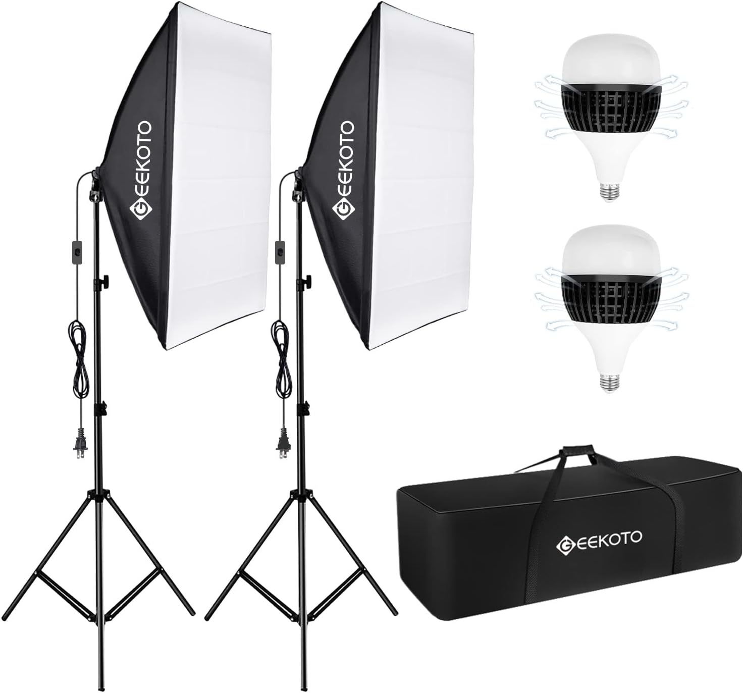 Fotostudio Softbox Set 50x70 cm met Continu Licht, 2x E27 85W 5500K Lampen & 2m Statieven voor Portret & Productfotografie