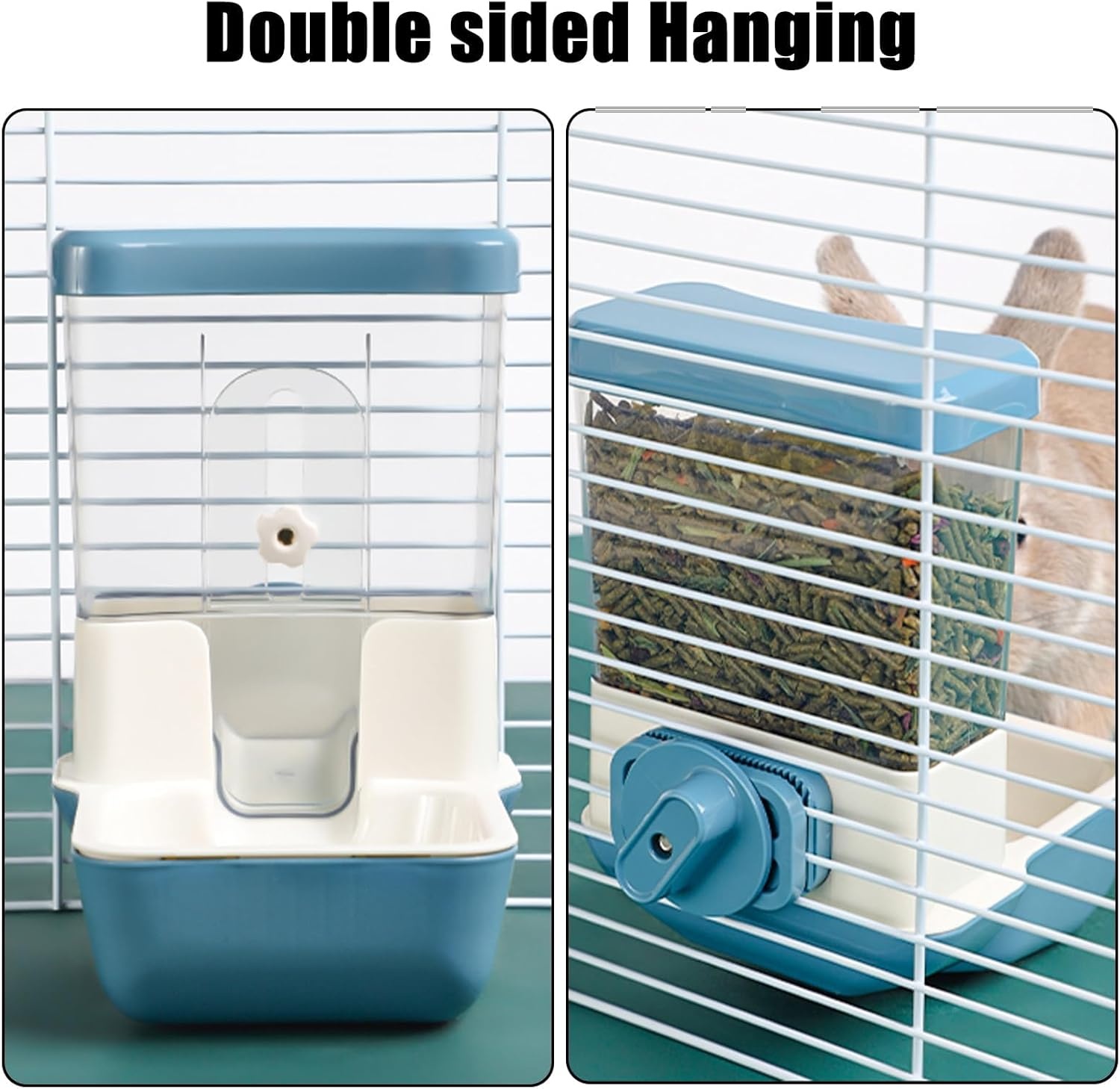 Hangende Automatische Voederautomaat Zwaartekracht 800 ml met Verstelbare Voeropening & Afneembaar Bakje voor Konijn, Vogel & Knaagdier - Blauw