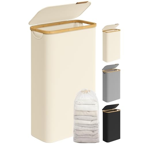 Slanke Wasmand 65L Cream White (39% Korting) - Met Deksel & Verwijderbare Zak