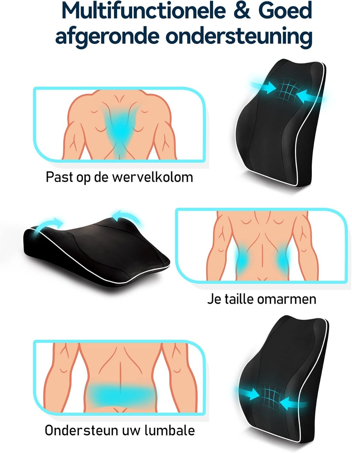 Ergonomisch Lendensteun Kussen Traagschuim Zwart met Antistatische Hoes & Dubbele Verstelbare Banden voor Autostoel, Bureaustoel, Gamestoel