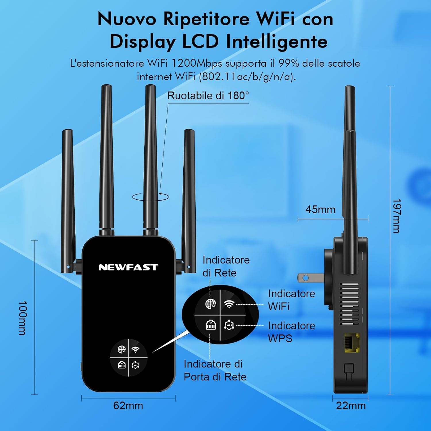 WiFi Versterker 1200 Mbps Dual Band WiFi5 met 4 antennes, LAN-poort en WPS