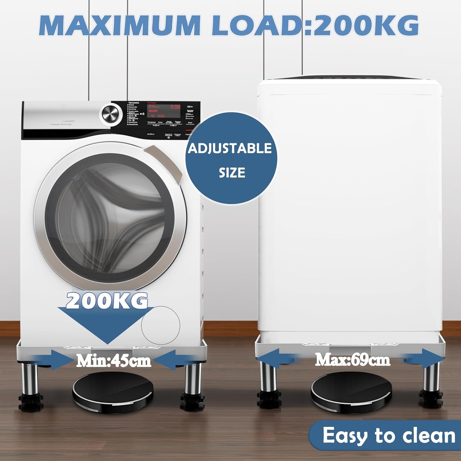 Wasmachine onderstel verstelbaar, 4 poten, roestvrij staal, hoogte 13-16 cm, breedte 45-69 cm, max. 350 kg, trillingsdempend