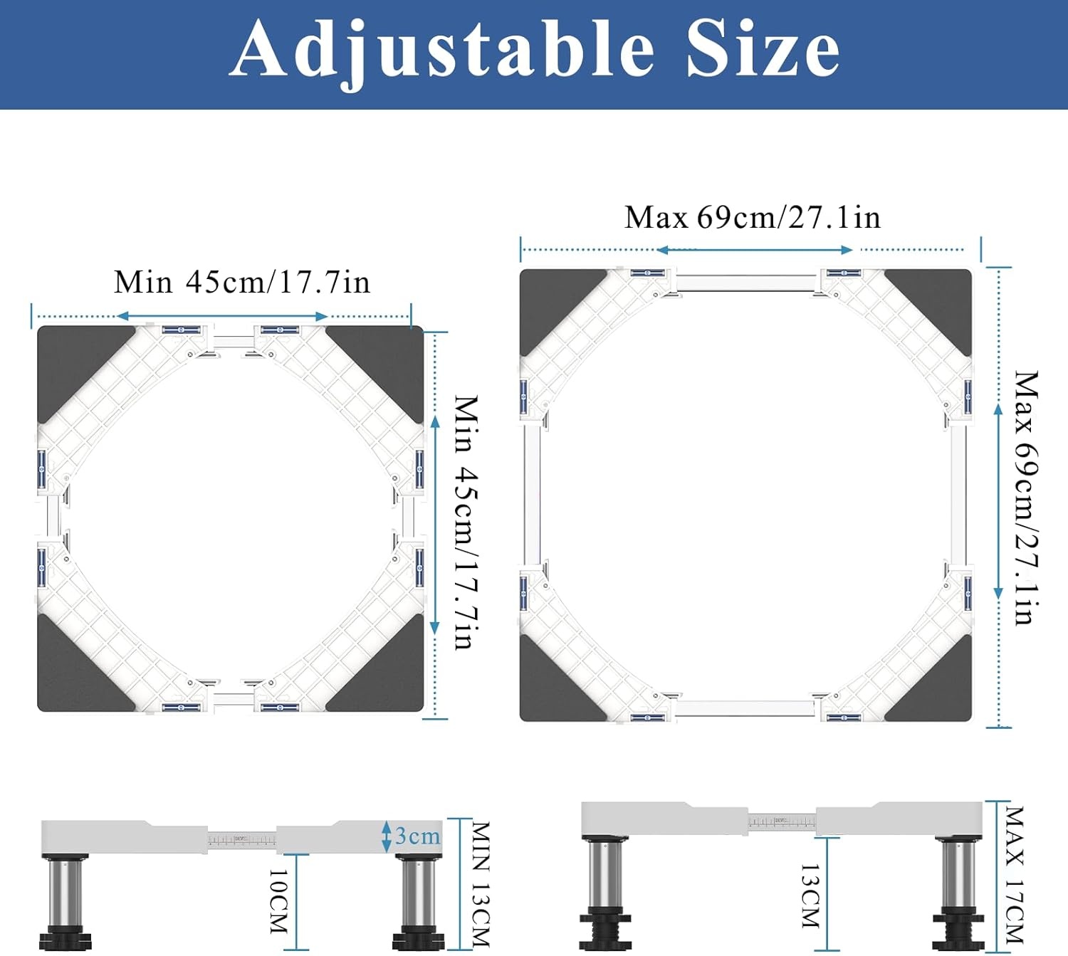 Wasmachine onderstel verstelbaar, 4 poten, roestvrij staal, hoogte 13-16 cm, breedte 45-69 cm, max. 350 kg, trillingsdempend