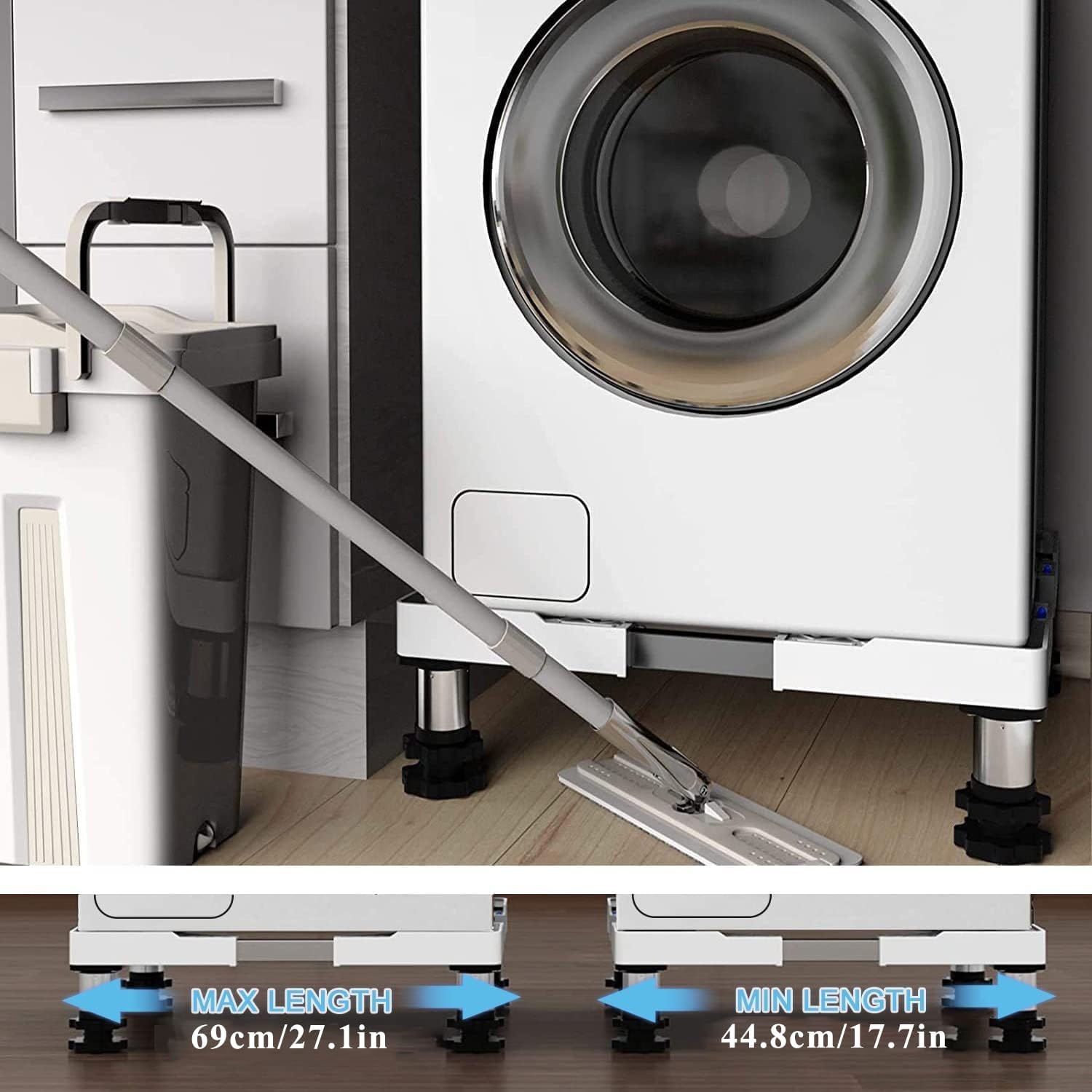 Wasmachine onderstel verstelbaar, 4 poten, roestvrij staal, hoogte 13-16 cm, breedte 45-69 cm, max. 350 kg, trillingsdempend