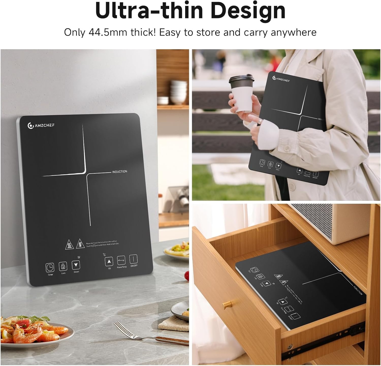 Inductiekookplaat, AMZCHEF enkele inductiekookplaat met ultradun ontwerp, 20 temperatuurinstellingen en 20 vermogensstanden, 2000W inductiekookplaat 1 plaat, 3-uurs timer, veiligheidsvergrendeling.
