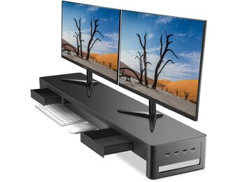 Dubbele Monitorstandaard met 2 Laden, 4 USB-poorten (Gegevensoverdracht), Ergonomische Metalen Bureau-Organizer voor PC & iMac