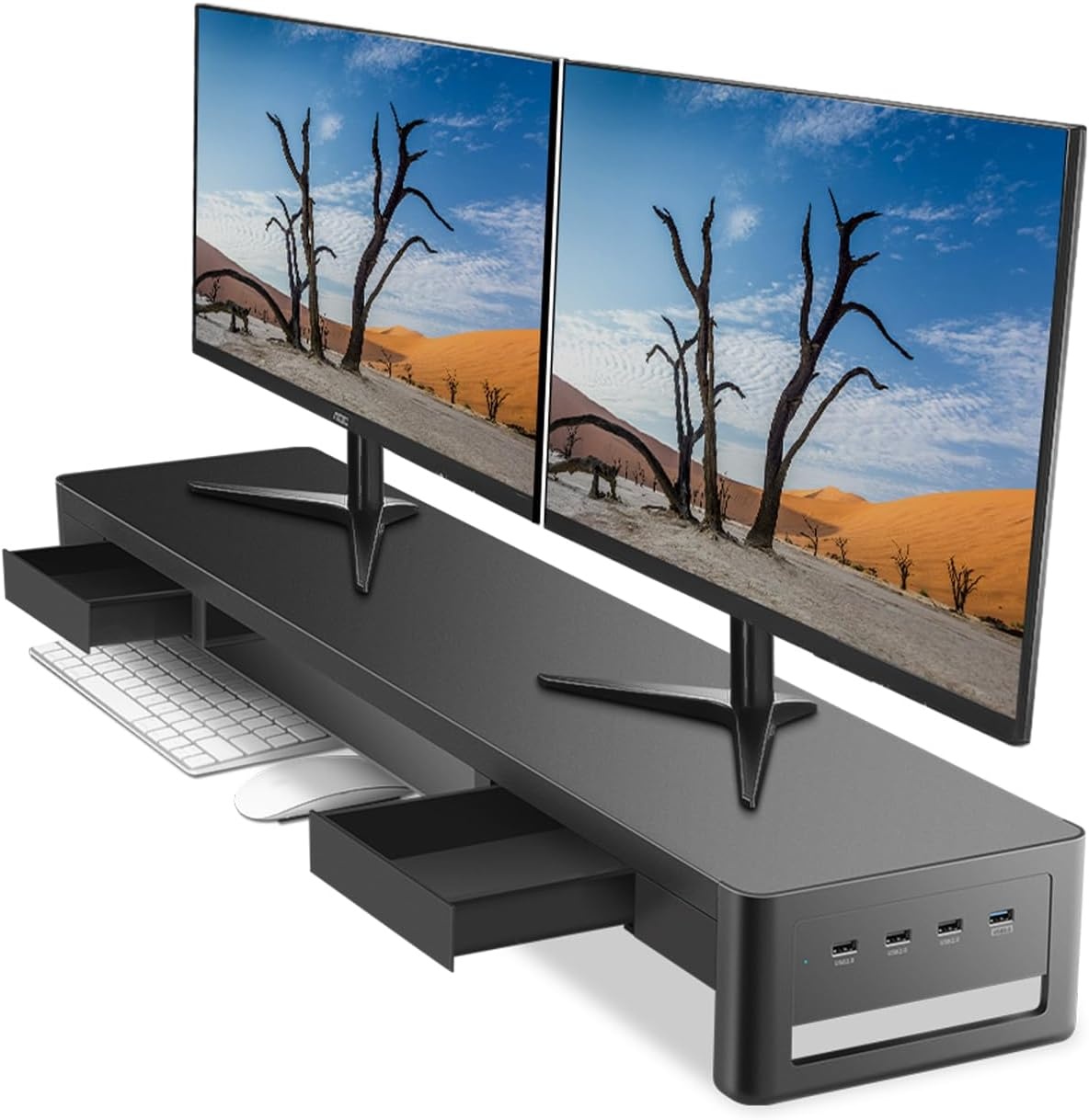 Dubbele Monitorstandaard met 2 Laden, 4 USB-poorten (Gegevensoverdracht), Ergonomische Metalen Bureau-Organizer voor PC & iMac