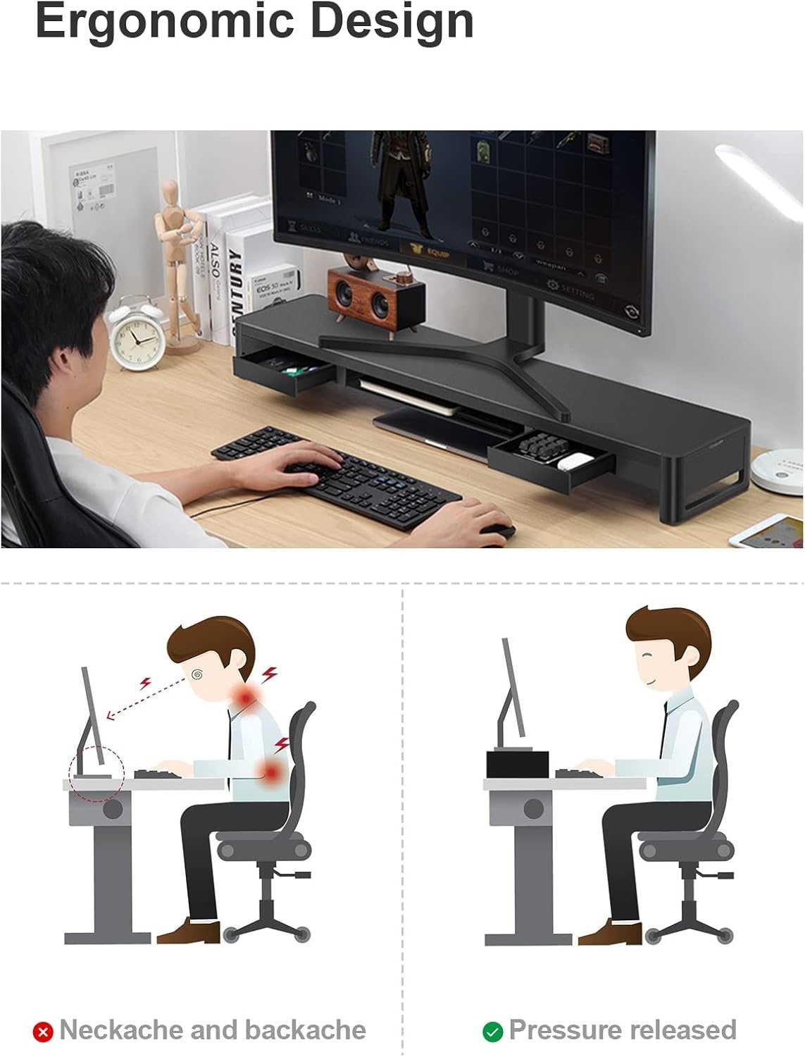 Dubbele Monitorstandaard met 2 Laden, 4 USB-poorten (Gegevensoverdracht), Ergonomische Metalen Bureau-Organizer voor PC & iMac