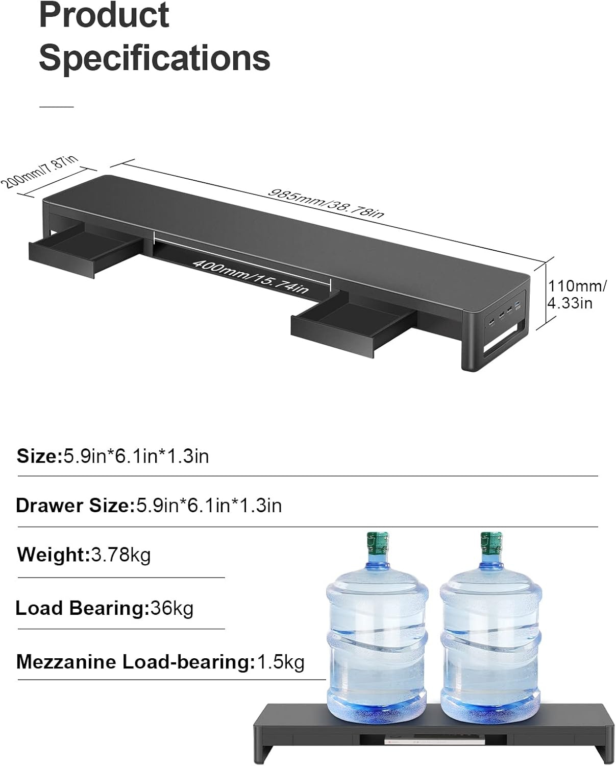 Dubbele Monitorstandaard met 2 Laden, 4 USB-poorten (Gegevensoverdracht), Ergonomische Metalen Bureau-Organizer voor PC & iMac