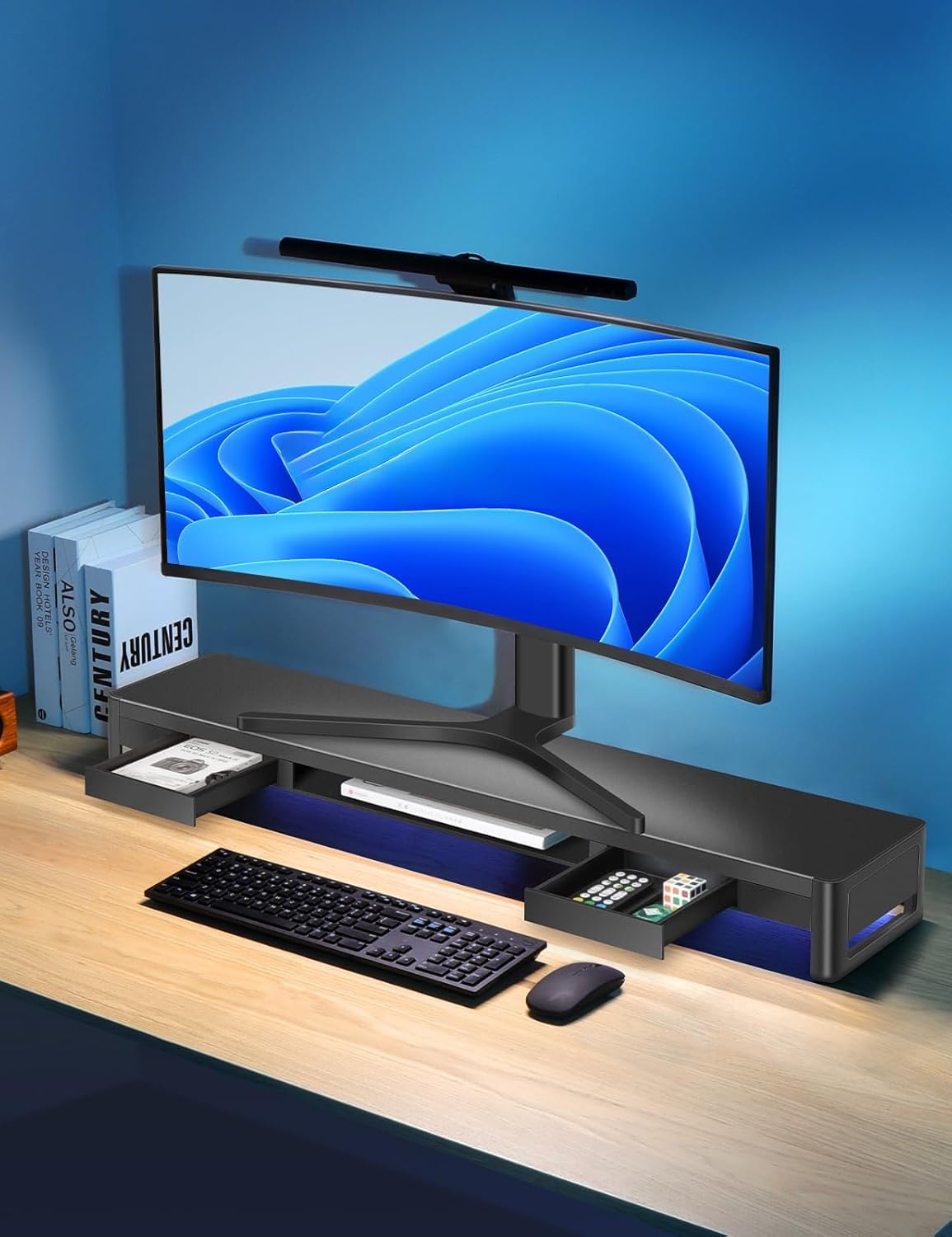 Dubbele Monitorstandaard met 2 Laden, 4 USB-poorten (Gegevensoverdracht), Ergonomische Metalen Bureau-Organizer voor PC & iMac