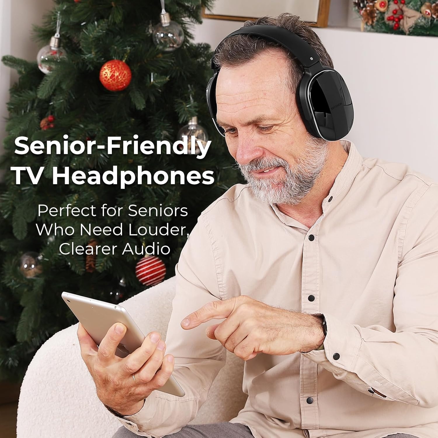 Draadloze TV Koptelefoon Over-Ear met Oplaadstation, RF Zendstation 2.4GHz & Bluetooth 5.3 - Comfortabel voor Senioren, Individueel Volume, Zwart/Zilv