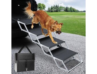 4 stappen hondentrap voor auto, opvouwbare hondentrap voor grote honden, antislip oppervlak aluminium draagbare hondenoprit voor auto's, SUV, vrachtwagens, ondersteunt tot 113 kg